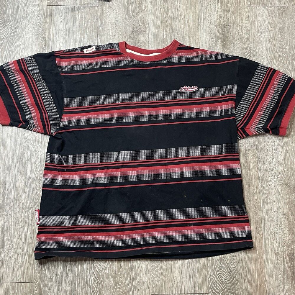 VTG Akademiks T Shirt  Red Black Striped Size 2XL Y2K Stained